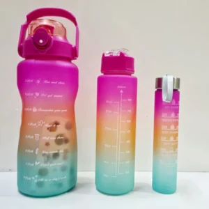Three-Piece Motivational Sports Water Bottle Set (2000ml, 850ml, 350ml) ? BPA Free Gradient Flasks With Time Marker & Straw (Random Color) ? Buy at Sahulatkart.com