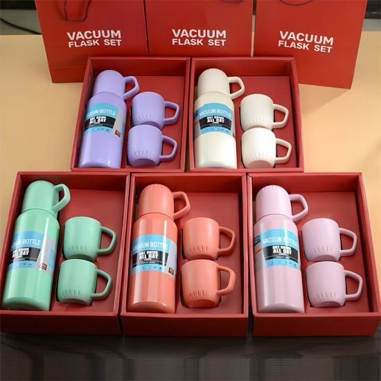 New Shape Stainless Steel Vacuum Flask Gift Set 550ml ? Insulated Bottle With 2 Cups & Box (Random Color) ? Buy at Sahulatkart.com - Image 3