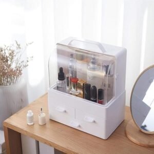 Modern White Makeup Organizer Storage Box ? Portable Dustproof Cosmetic Case With 3 Drawers ? Buy at Sahulatkart.com