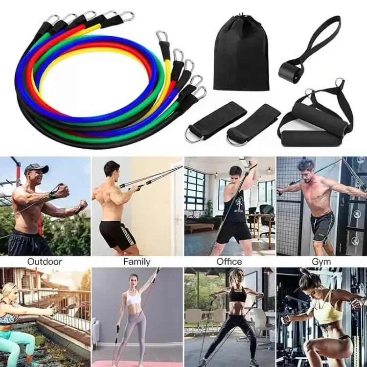 11 Pcs Resistance Bands Set ? Portable Home Gym Elastic Workout Tubes with Handles & Door Anchor (75lbs Stackable) ? Buy at Sahulatkart.com