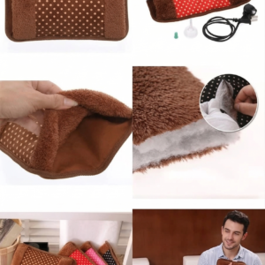 Electric rechargeable hot water bag resting on a cozy blanket for winter heating