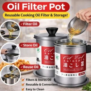 1.4L Fryer Oil Filter Pot with stainless steel mesh strainer for kitchen oil storage.