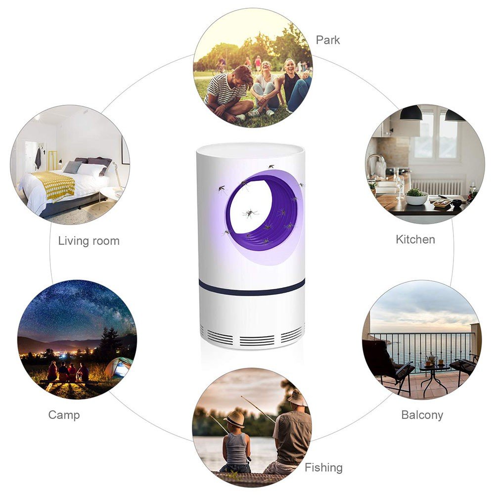 Electronic UV LED Mosquito Trap Lamp in a dark room catching flying insects