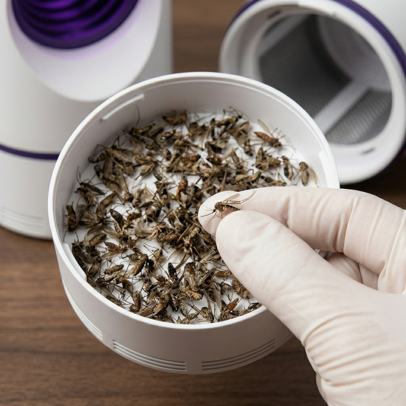 Electronic UV LED Mosquito Trap Lamp in a dark room catching flying insects