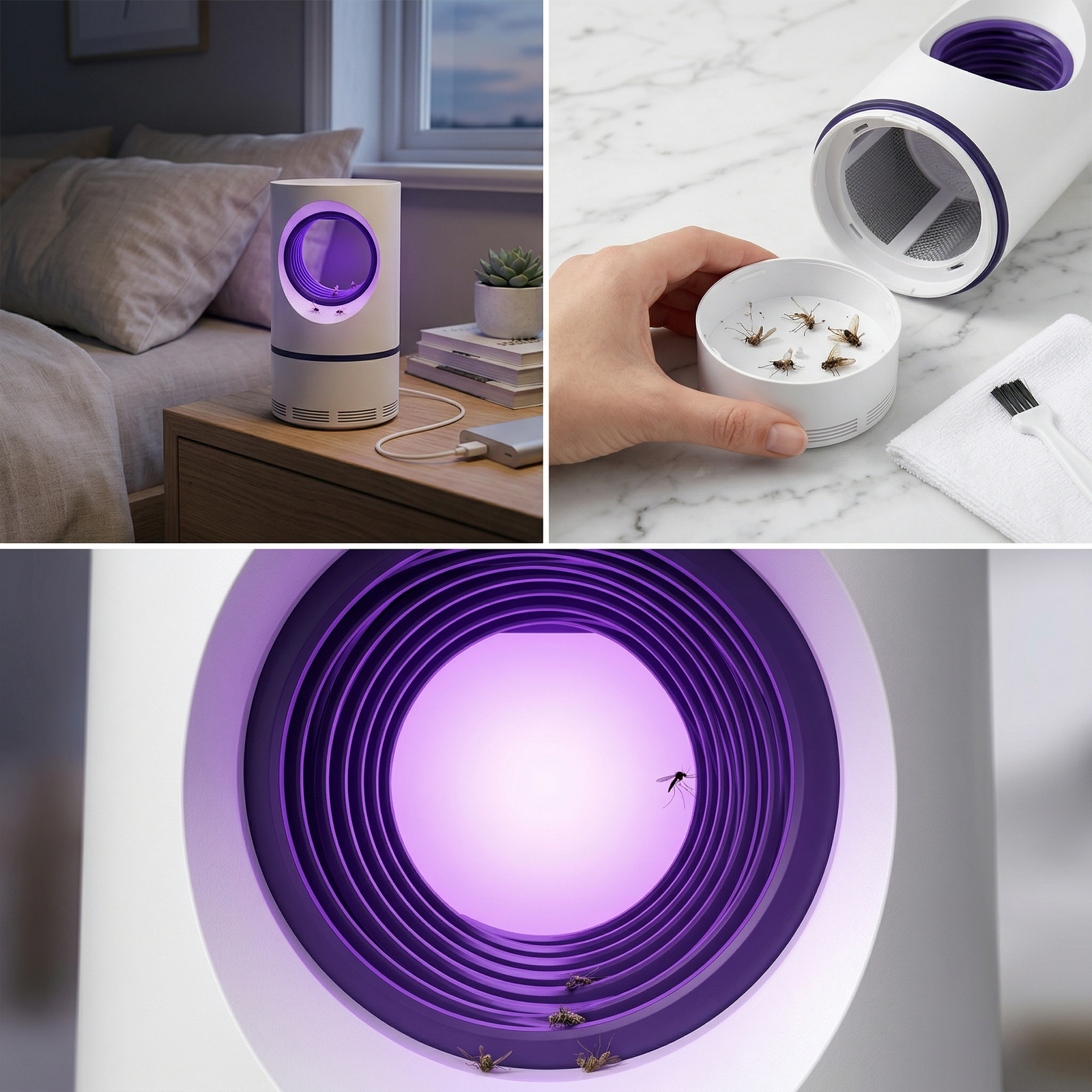 Electronic UV LED Mosquito Trap Lamp in a dark room catching flying insects