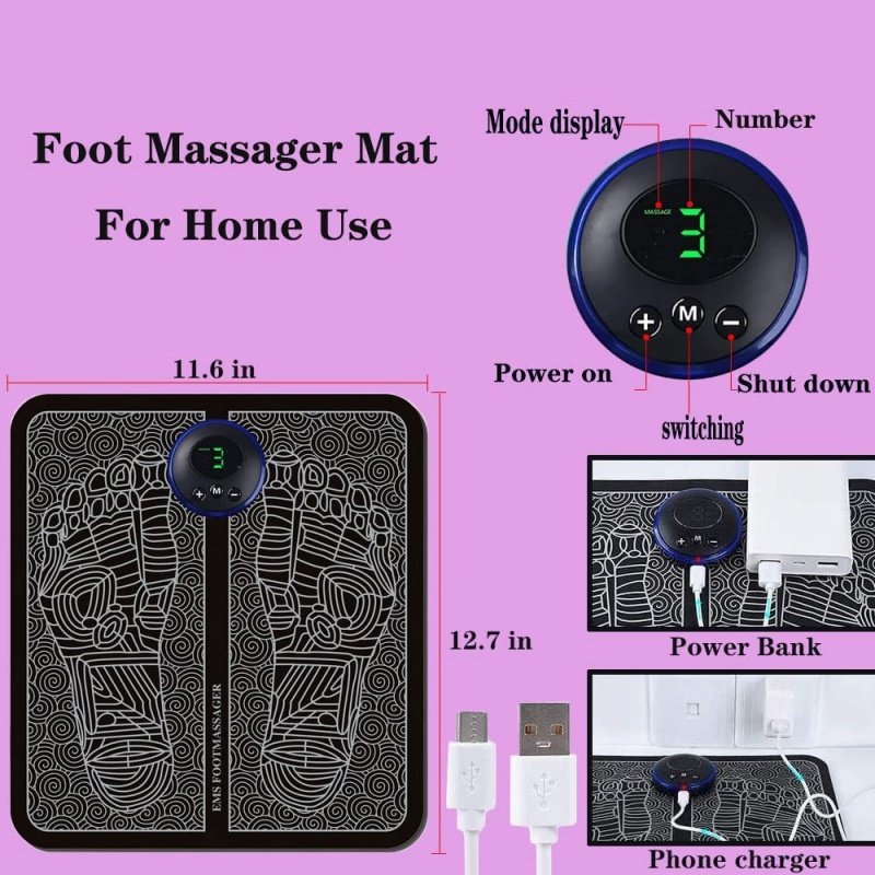 Black EMS foot massager mat with smart display controller for blood circulation