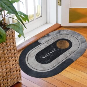 Round super absorbent bath mat placed on a modern bathroom floor