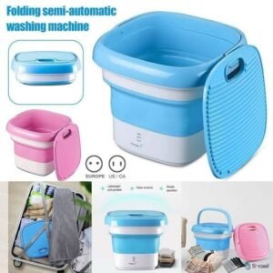 Foldable mini washing machine being used to wash delicate baby clothes in a small apartment