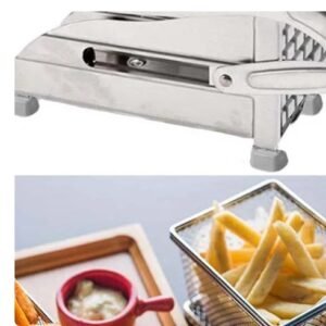 Stainless steel french fries potato cutter slicing a fresh potato with double blades