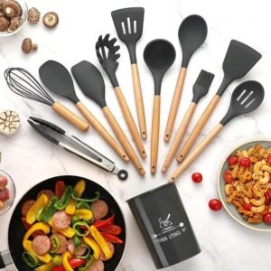 12 piece wooden handle silicone kitchen utensils set arranged neatly in a storage bucket