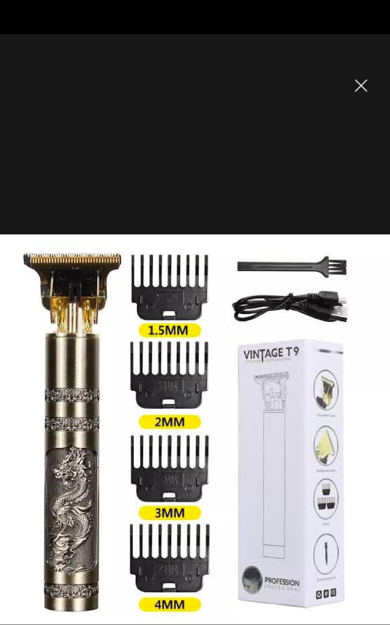 Golden Vintage T9 Trimmer with dragon design metal body for men's grooming
