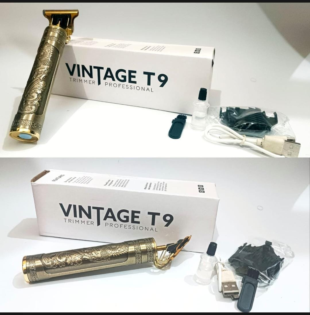 Golden Vintage T9 Trimmer with dragon design metal body for men's grooming