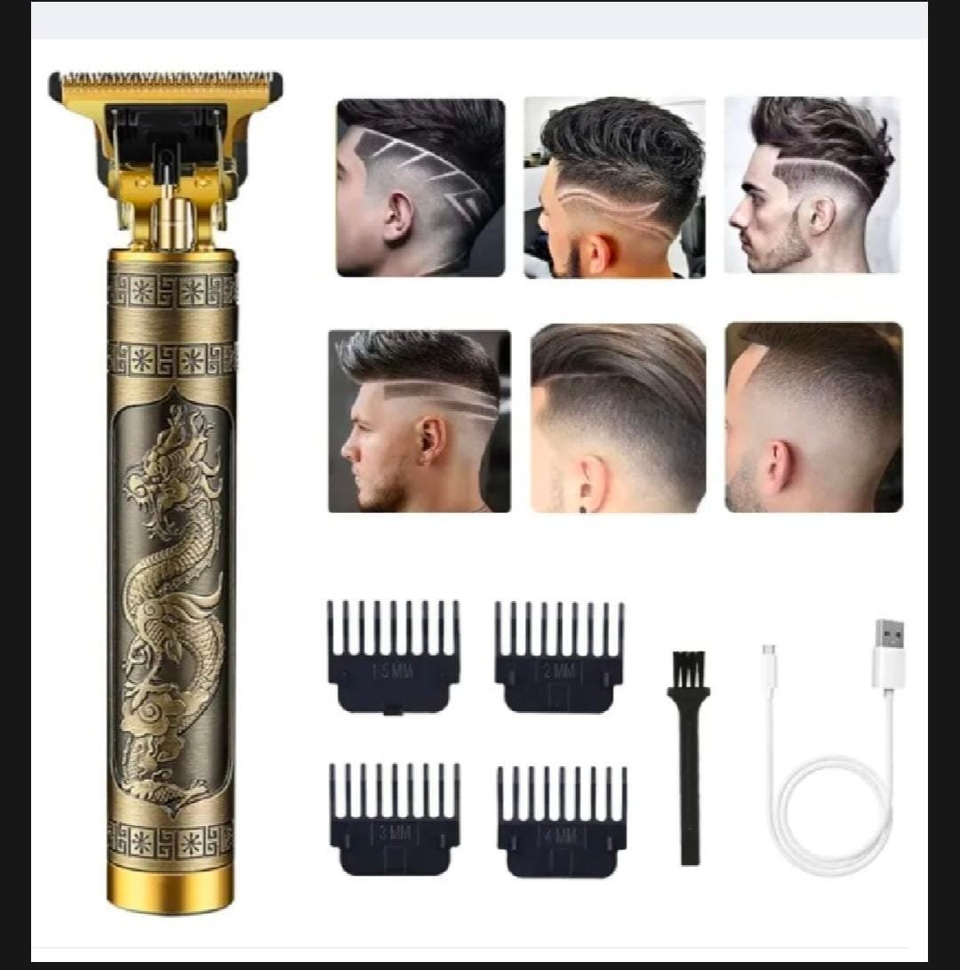Golden Vintage T9 Trimmer with dragon design metal body for men's grooming