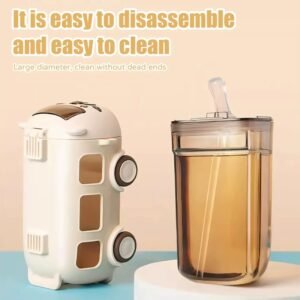 Cute 600ml bus water bottle for kids with a carrying strap and straw