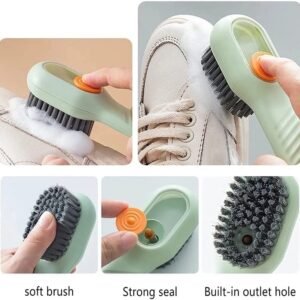 Multifunctional shoe brush with liquid soap dispenser cleaning a white sneaker