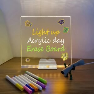 LED light-up writing board displaying a glowing handwritten message with neon pens