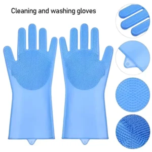 Person washing dishes using reusable silicone dishwashing scrubber gloves