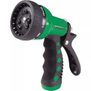 High pressure spray gun attached to a hose washing a car with a strong water stream