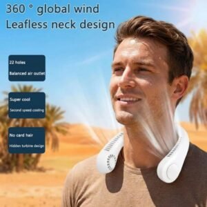 Person wearing the X5 leafless hanging portable neck fan outdoors during summer