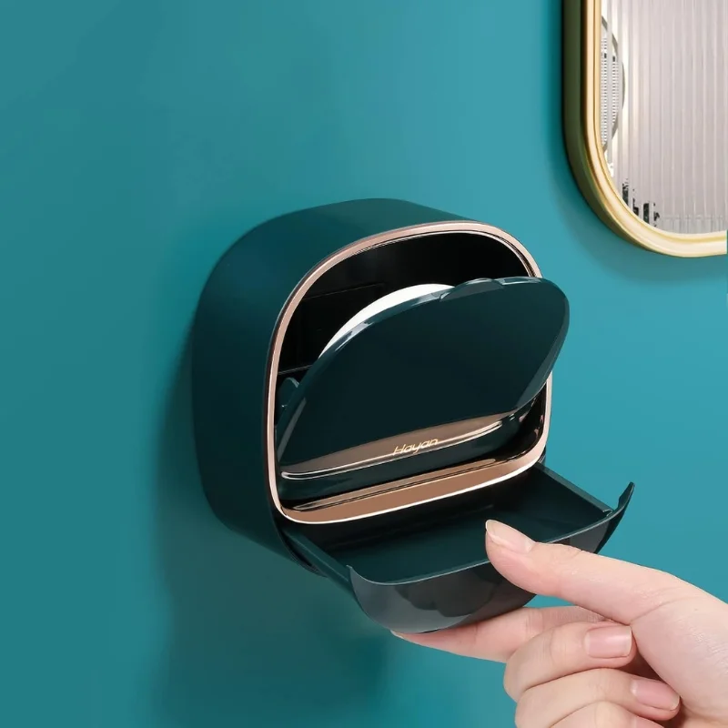 Dark Green | Self-Adhesive Wall-Mounted Luxury Soap Holder with Lid and Drainage Tray - Image 5