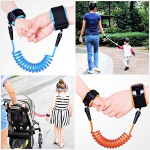 Parent and child using the anti lost wrist link safety harness in a crowded shopping mall