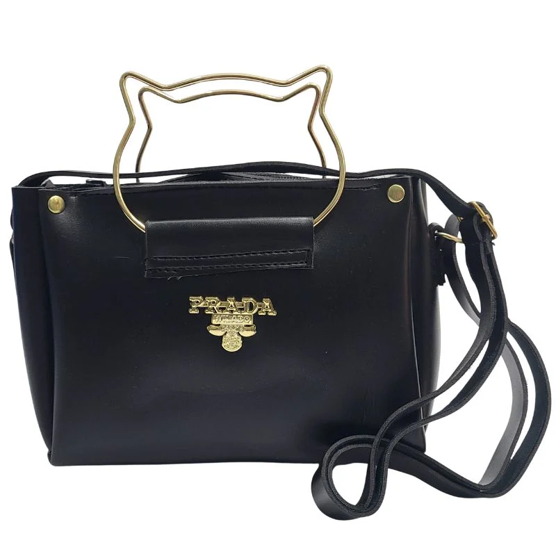 Black Elegant Cat Handle Handbag for Girls & Ladies | Stylish Shoulder & Crossbody Bag with Gold Accents | Adjustable Strap - Image 3