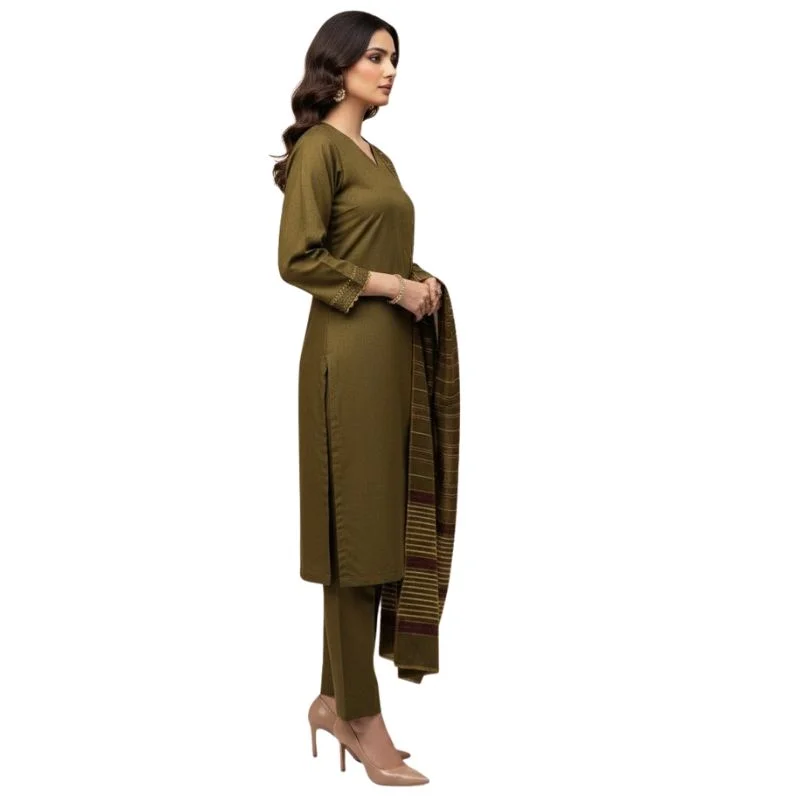 Winter Sussi Silk 3-Piece Suit for Women | Unstitched Plain Shirt & Trouser | Heavy Winter Sussi Shawl | Olive Green
