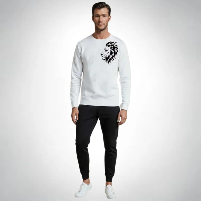 LION Printed White Tracksuit Sweatshirt & Trouser | Warm & Comfortable Winter Wear | XL - Image 3