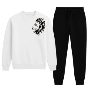 LION Printed White Tracksuit Sweatshirt & Trouser | Warm & Comfortable Winter Wear | XL