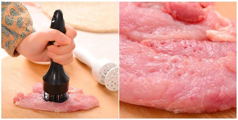 Stainless steel needle meat tenderizer being pressed into a fresh raw beef steak
