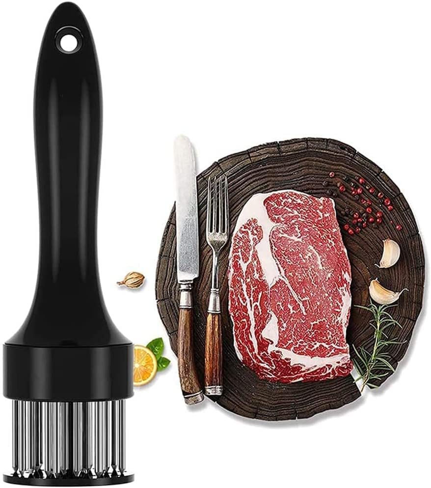Stainless steel needle meat tenderizer being pressed into a fresh raw beef steak
