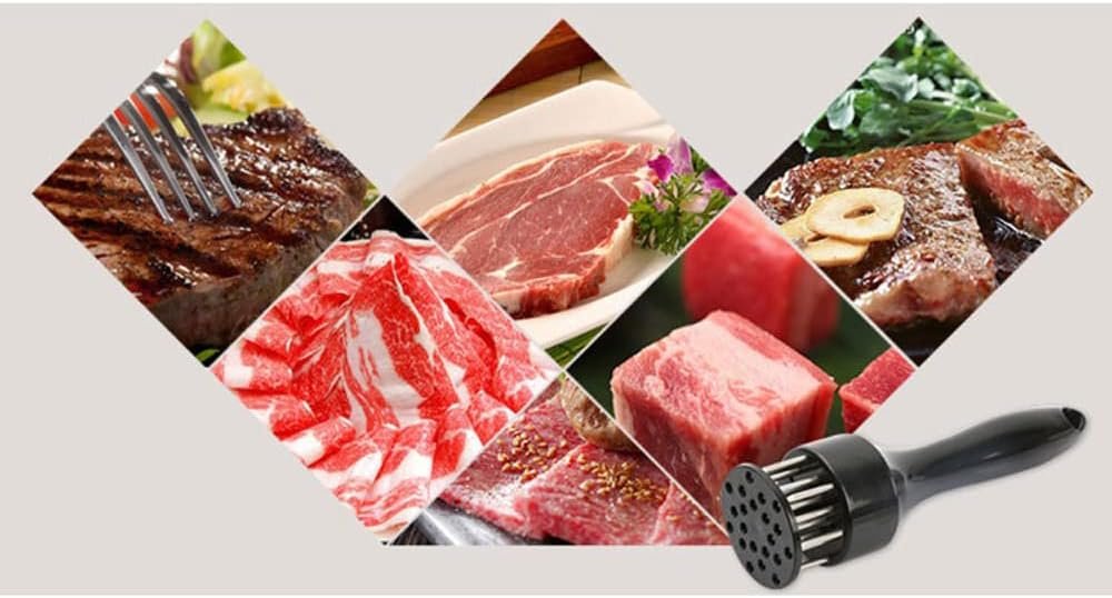 Stainless steel needle meat tenderizer being pressed into a fresh raw beef steak