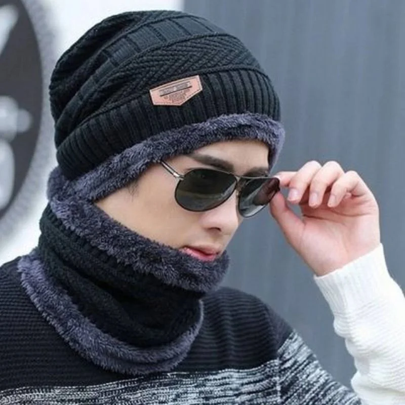 Winter Wool Cap with Neck Warmer Set | Thermal Beanie & Scarf Combo for Men and Women | Black And Gray - Image 5