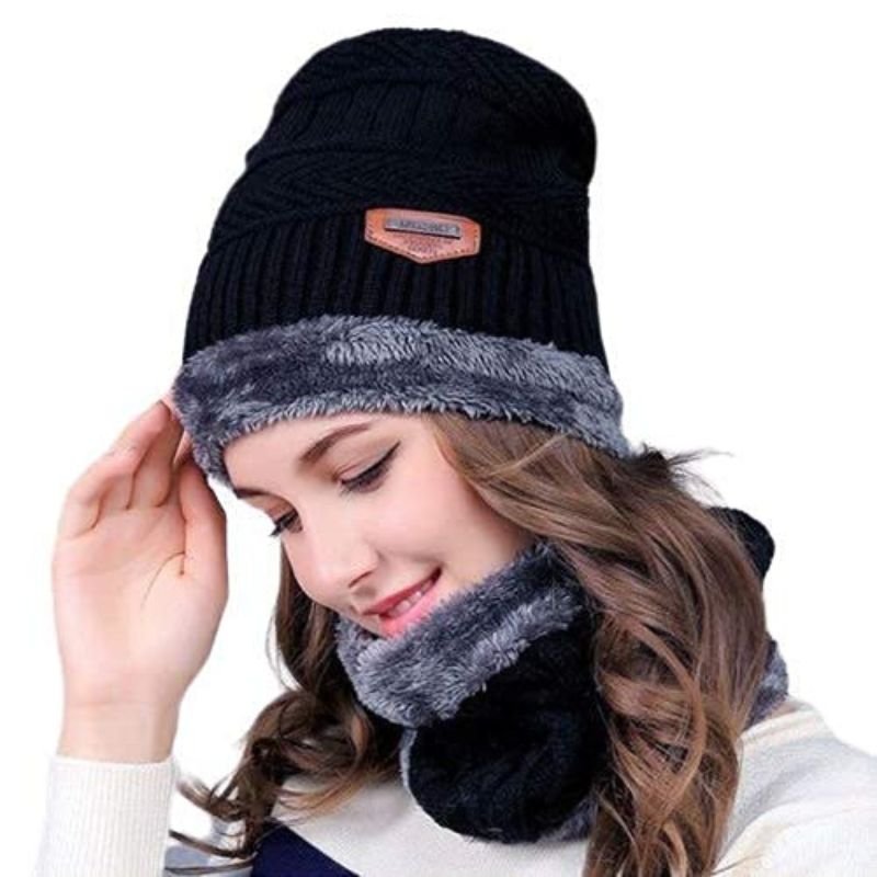 Winter Wool Cap with Neck Warmer Set | Thermal Beanie & Scarf Combo for Men and Women | Black And Gray - Image 7